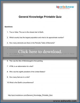Cuestionario imprimible de conocimientos generales