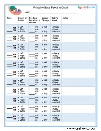 Tabla imprimible de alimentación del bebé