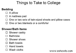 Cosas para llevar al dormitorio universitario