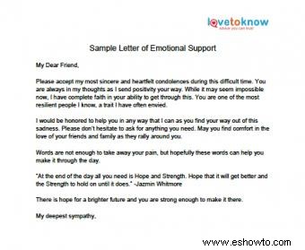 Ejemplo imprimible de carta de apoyo emocional