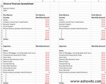 Hoja de cálculo de finanzas de divorcio