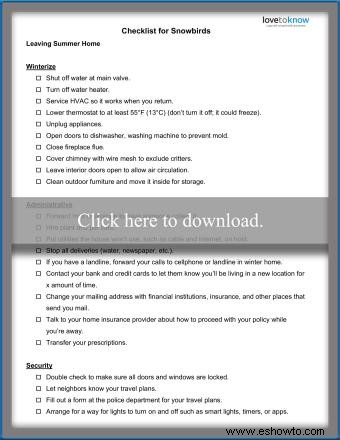Lista de control imprimible de Snowbird y consejos para la preparación del hogar