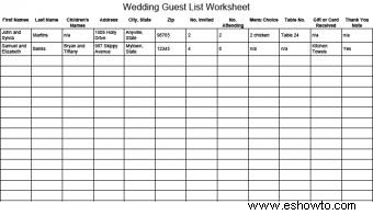 Hoja de trabajo de la lista de invitados a la boda
