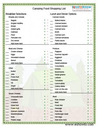 Lista de la compra de comida para acampar:Imprimible para llevar sobre la marcha