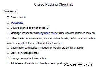 Lista de equipaje gratis para viajes en crucero