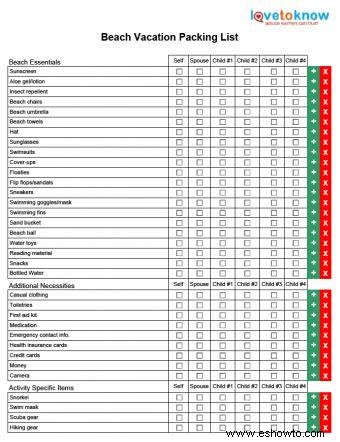 Lista imprimible de equipaje para las vacaciones en la playa