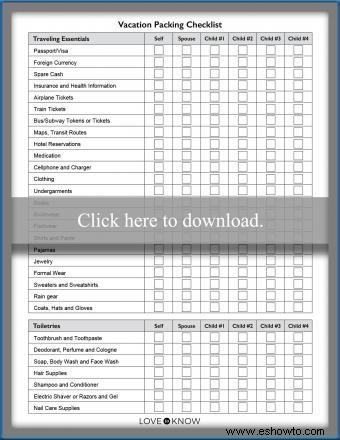 Lista de control imprimible para el equipaje de vacaciones