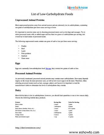 Lista de alimentos bajos en carbohidratos
