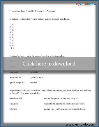 Hoja de trabajo de números en francés imprimible
