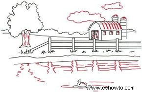 Cómo dibujar un granero y un estanque en 5 pasos 