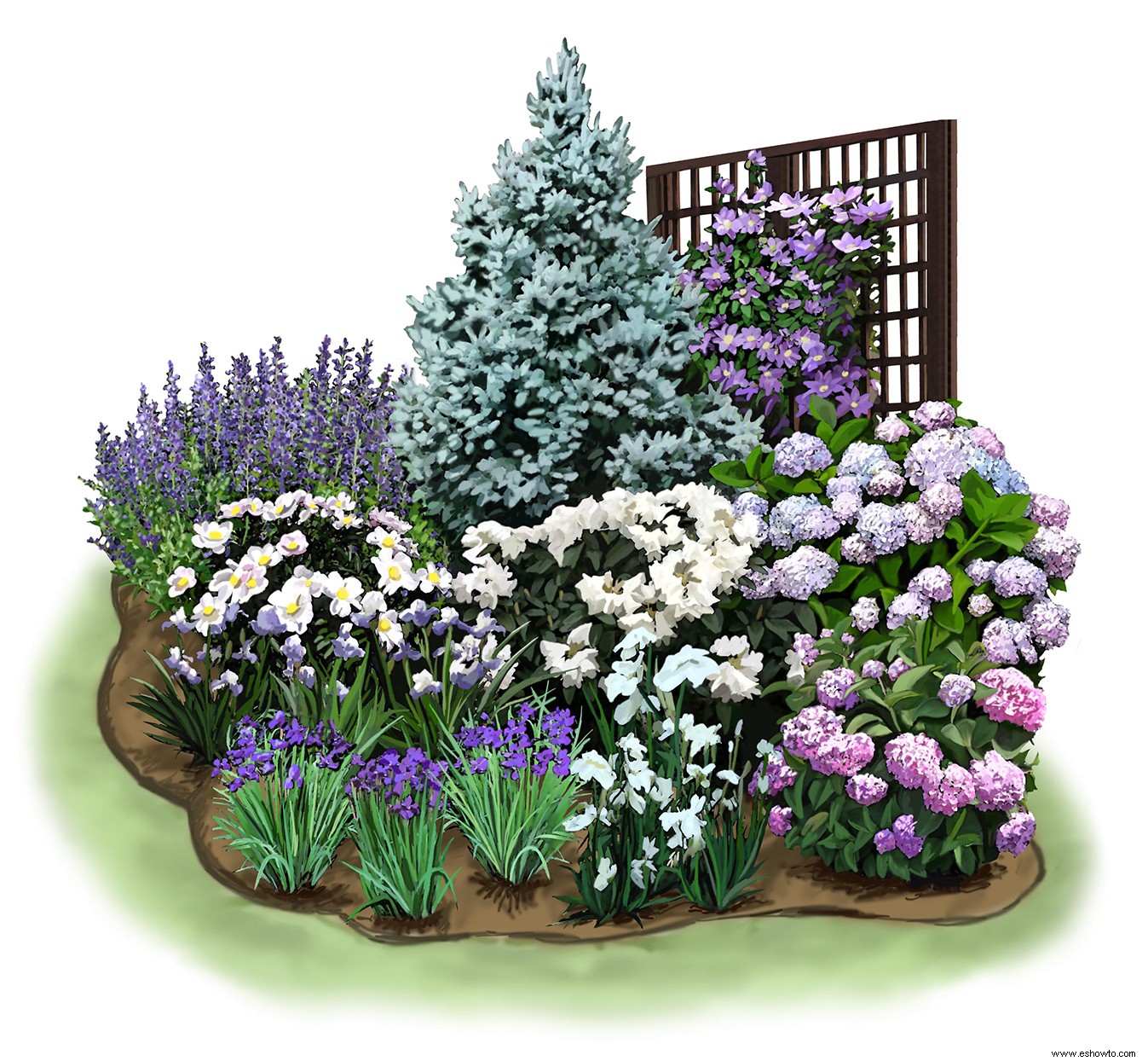 Viste una cerca o un cenador con este acogedor plan de jardín de esquina de larga floración 