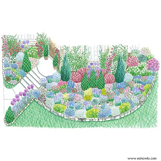 Plan de jardín de la cabaña del patio delantero que florece en verano 