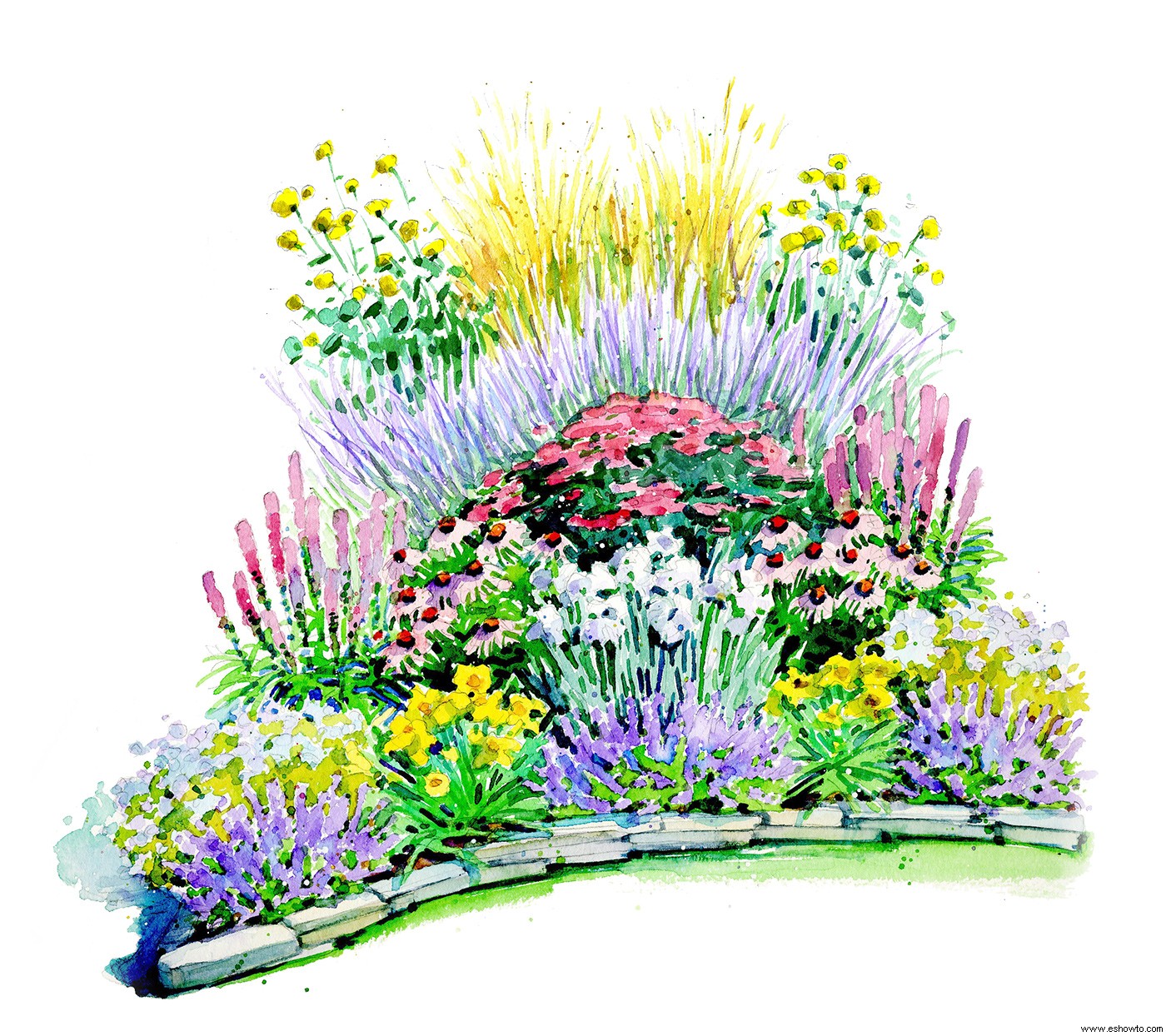 Las coloridas plantas perennes en este plan de jardín de verano de fácil cuidado florecen durante toda la temporada 