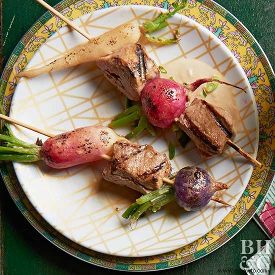 Brochetas De Cerdo Y Rábano A La Parrilla Con Jengibre 