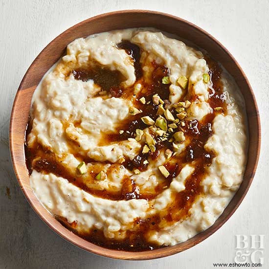 Arroz con leche especiado con jengibre y sirope de dátiles y pimientos 