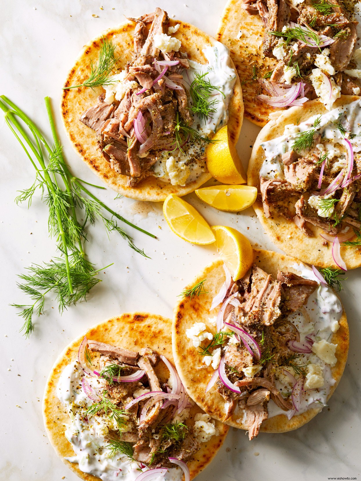 Gyros de cerdo desmenuzado con tzatziki de rábano eneldo 