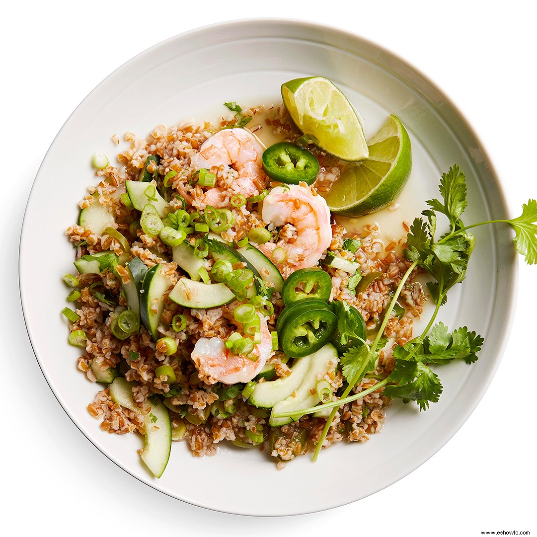 Bulgur de cilantro y jengibre con camarones 