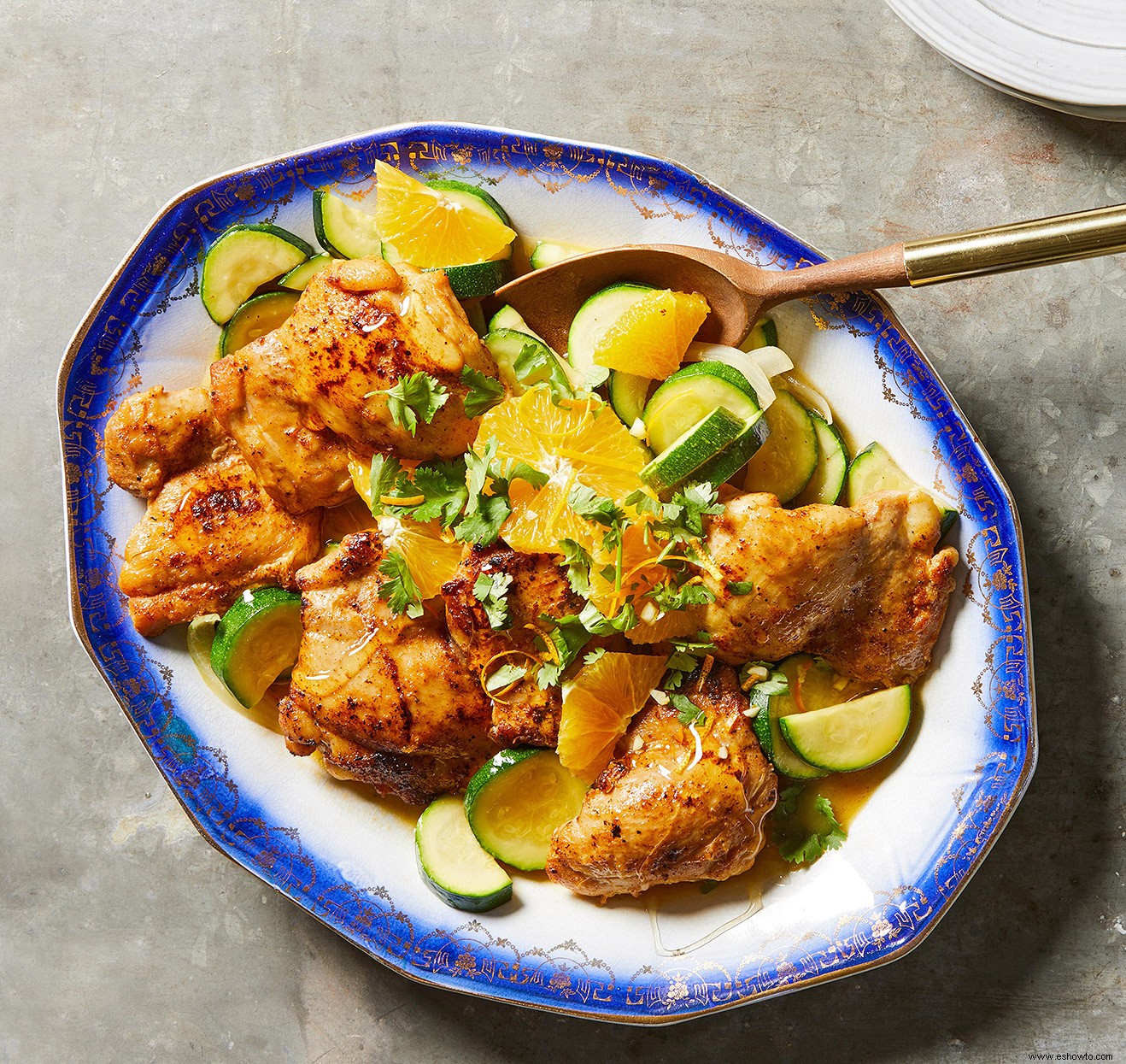 Pollo a la miel y naranja con calabacín en olla a presión 