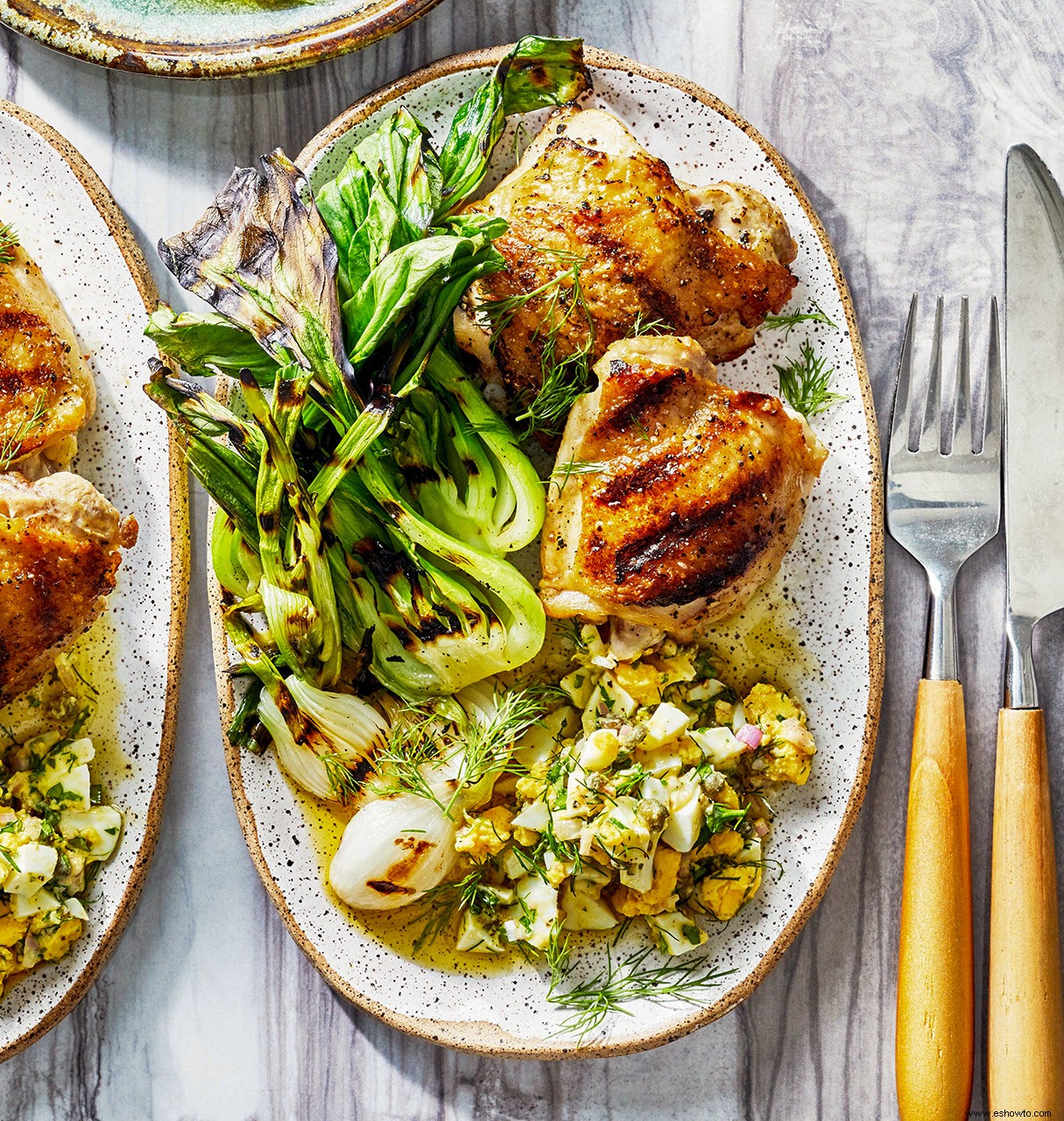 Muslos De Pollo A La Plancha Con Cebolletas Y Baby Bok Choy 