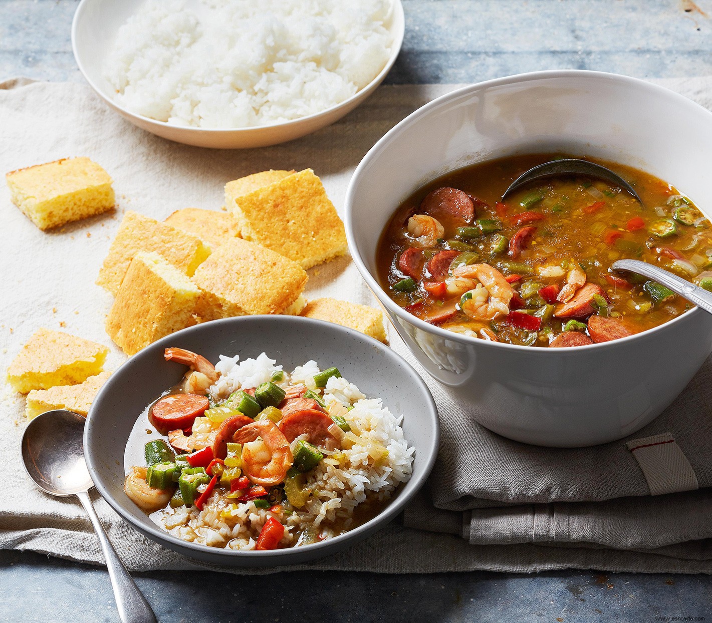 Gumbo de andouille y gambas 