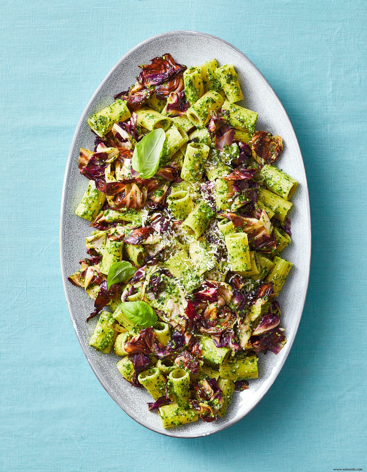 Pasta al pesto con achicoria carbonizada 