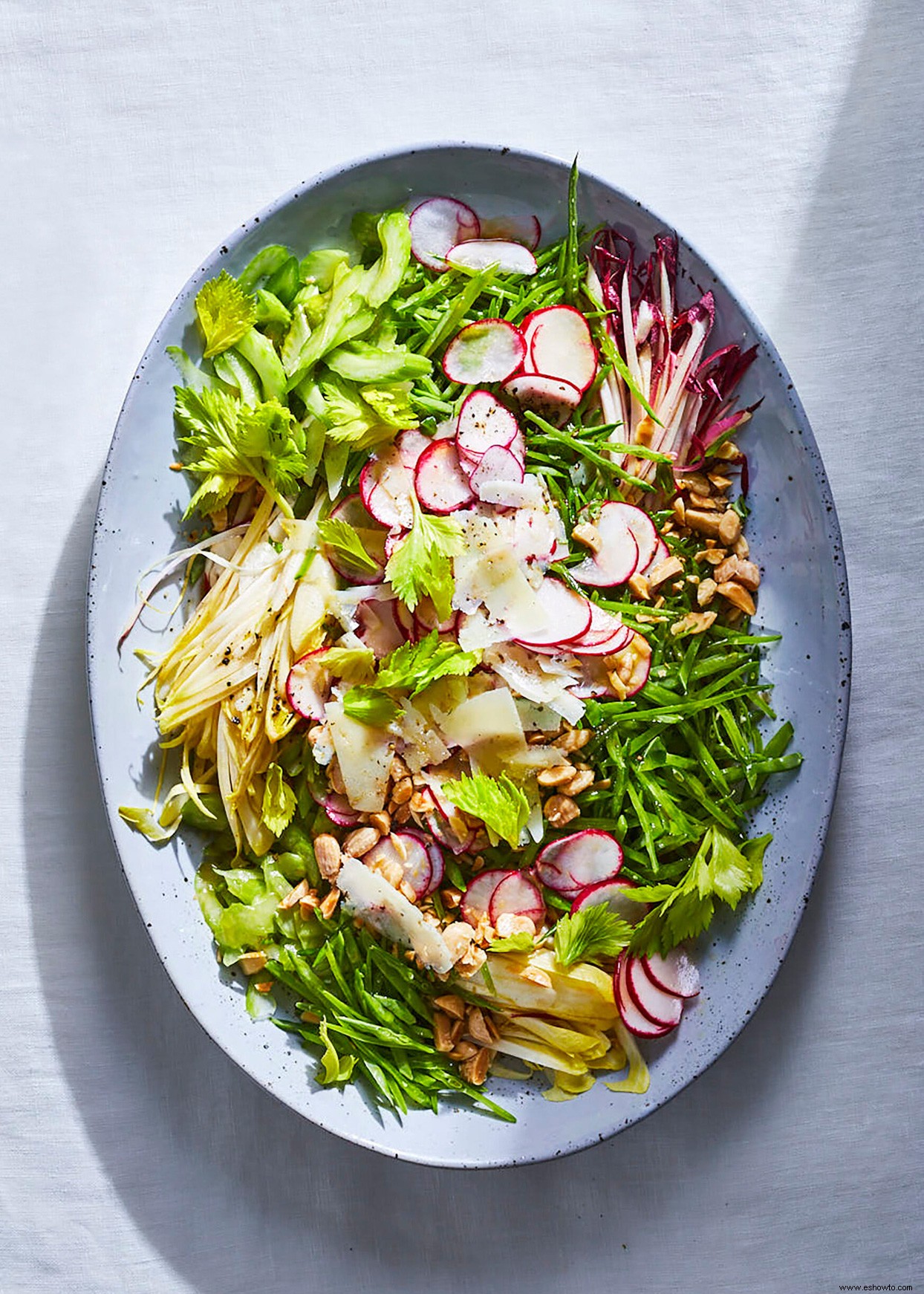 Ensalada de guisantes chinos, apio y rábanos en juliana 