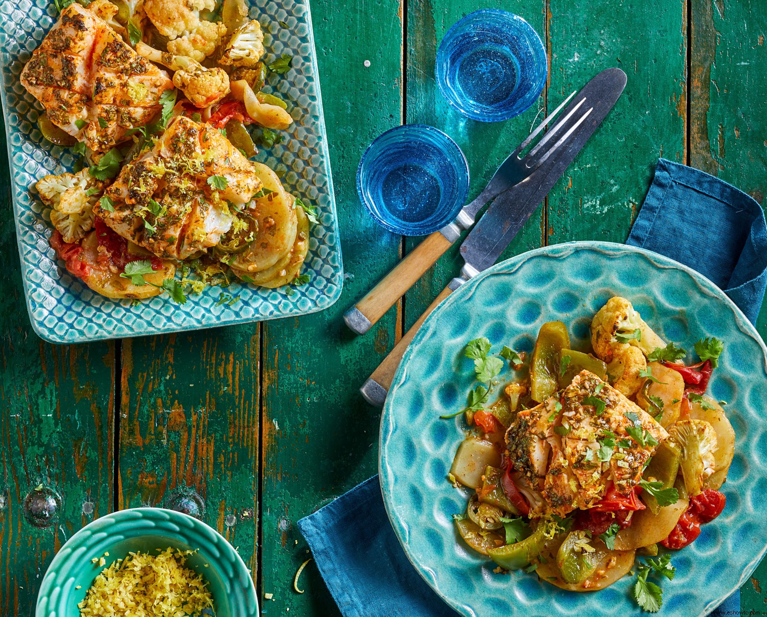 Bacalao Marroquí y Verduras con Salsa Chermoula 